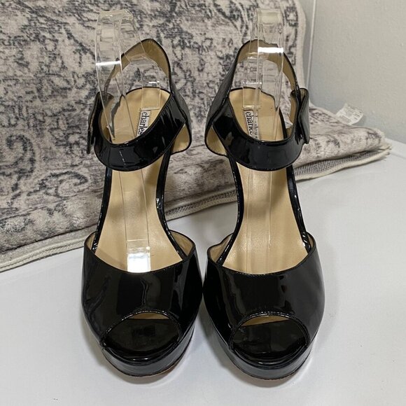 Charles David Black Patent Peep Toe Stiletto Heels Size 9 1/2 - Picture 3 of 7